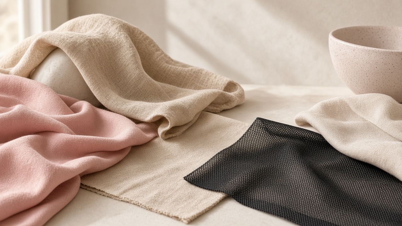 Telas blush, sand y charcoal con luz natural