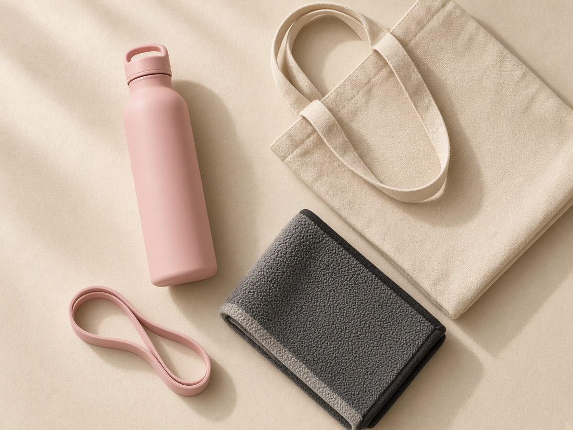 Toalla, botella y tote flat lay en tonos de la marca