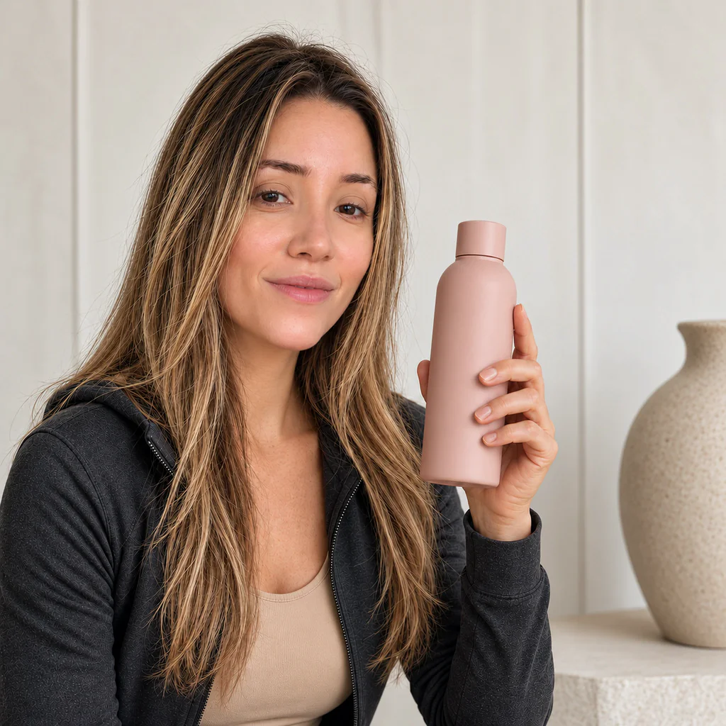 Momento post-entreno con botella blush y luz natural