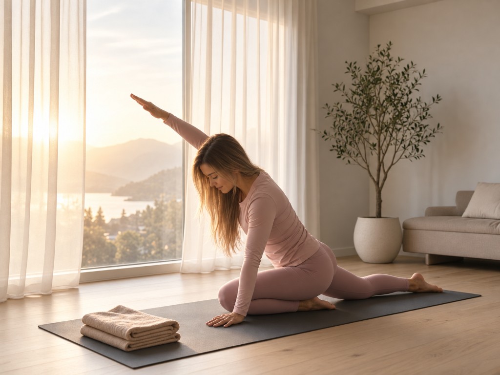 Entrenamiento de bienestar en casa con luz de mañana